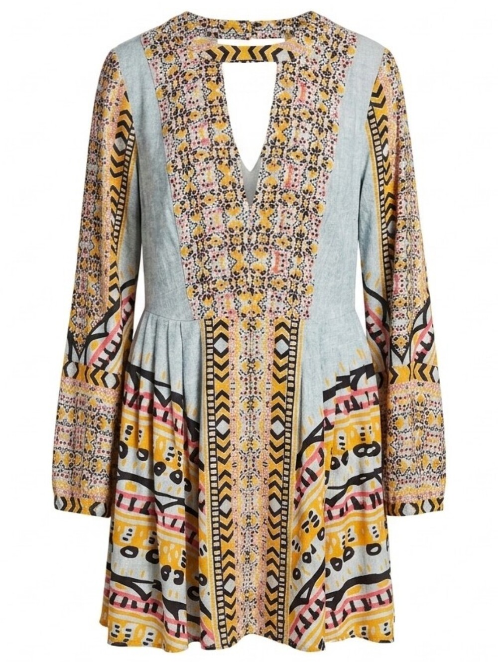 FREE PEOPLE Tegan Border Print Mini Dress Blue 4 Bell Sleeve Tunic Boho